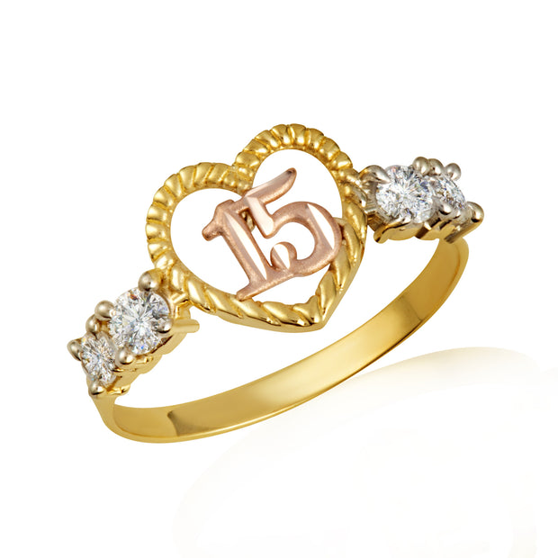 Gold Woman's 15 Años Open Heart Ring with Cubic Zirconia