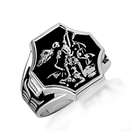 .925 Sterling Silver Black Onyx Enamel Saint Michael Archangel Crest Signet Ring