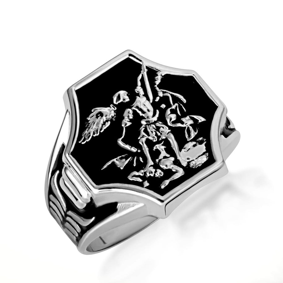 .925 Sterling Silver Black Onyx Enamel Saint Michael Archangel Crest Signet Ring