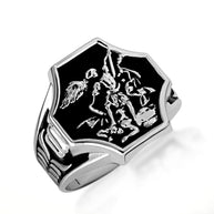 .925 Sterling Silver Black Onyx Enamel Saint Michael Archangel Crest Signet Ring
