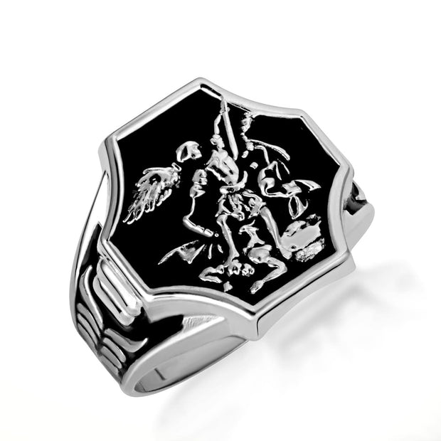 .925 Sterling Silver Black Onyx Enamel Saint Michael Archangel Crest Signet Ring