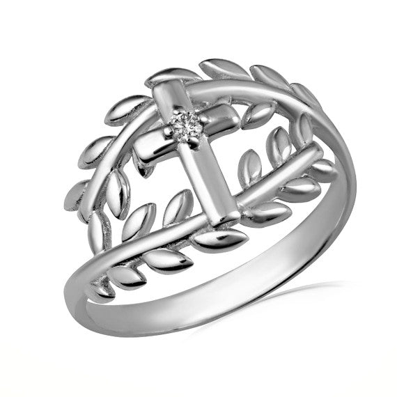 .925 Sterling Silver Cubic Zirconia Cross Olive Branch Vines Wraparound Ring