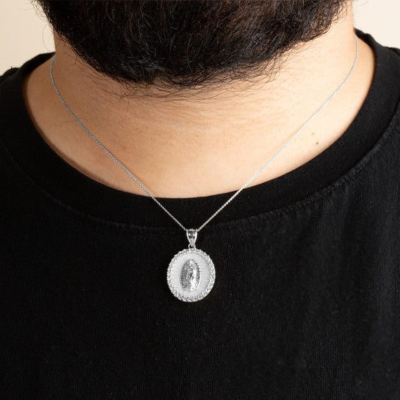 .925 Sterling Silver Lady Of Guadalupe Cubic Zirconia Oval Halo Beaded Medallion Pendant Necklace