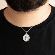 .925 Sterling Silver Lady Of Guadalupe Cubic Zirconia Oval Halo Beaded Medallion Pendant Necklace