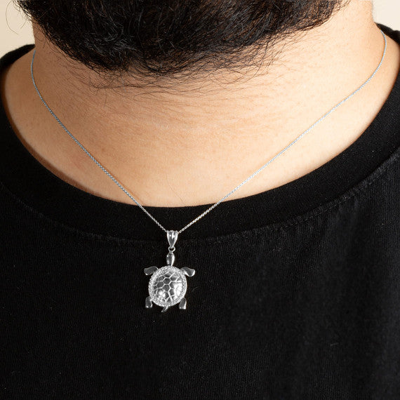 .925 Sterling Silver Marine Sea Turtle Cubic Zirconia Halo Pendant Necklace