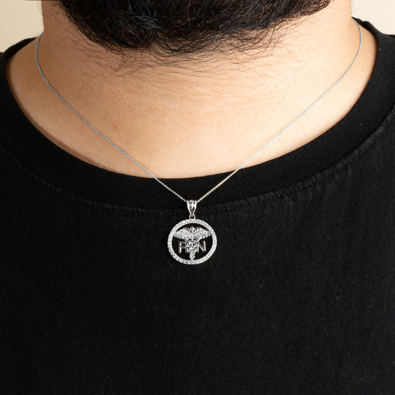 .925 Sterling Silver RN Registered Nurse Medical Caduceus Staff Cubic Zirconia Halo Pendant Necklace