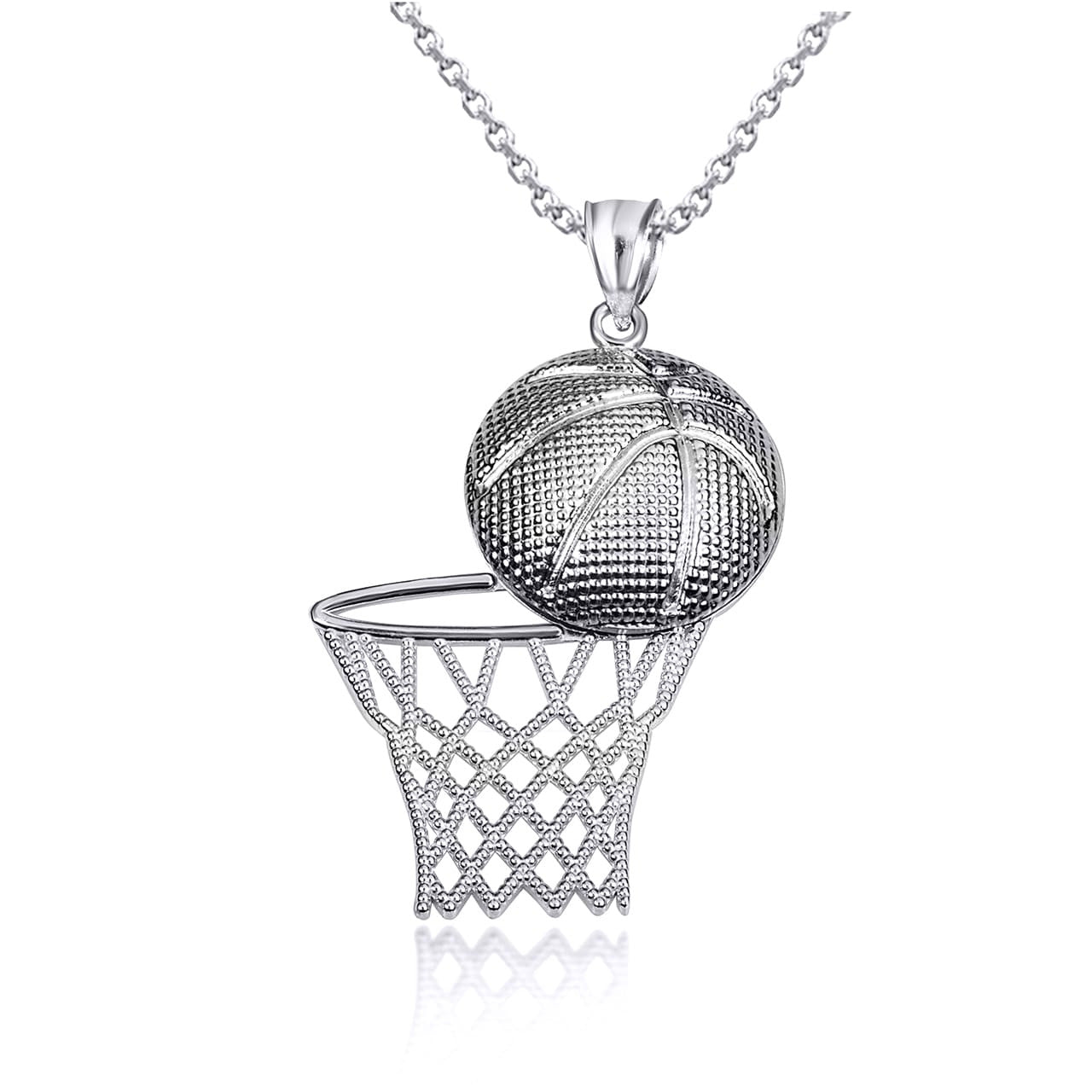 .925 Sterling Silver Basketball Hoop Sports Beaded Pendant Necklace (Available in Small/Medium/Large)
