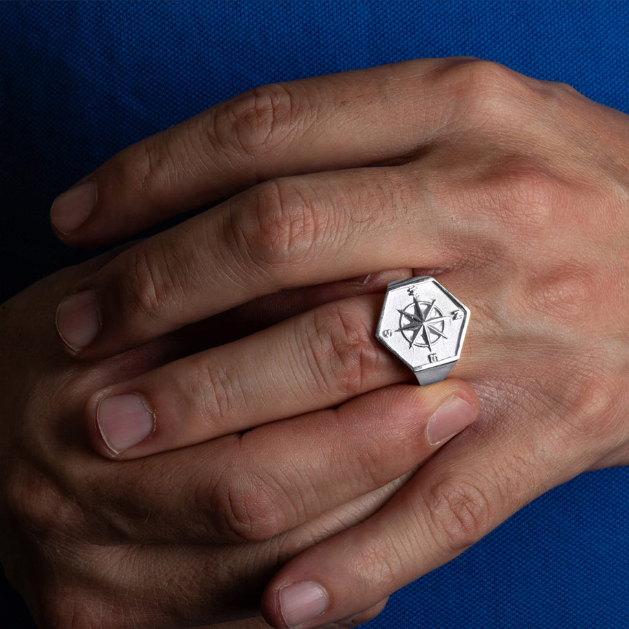.925 Sterling Silver Compass Rose Navigation Signet Ring
