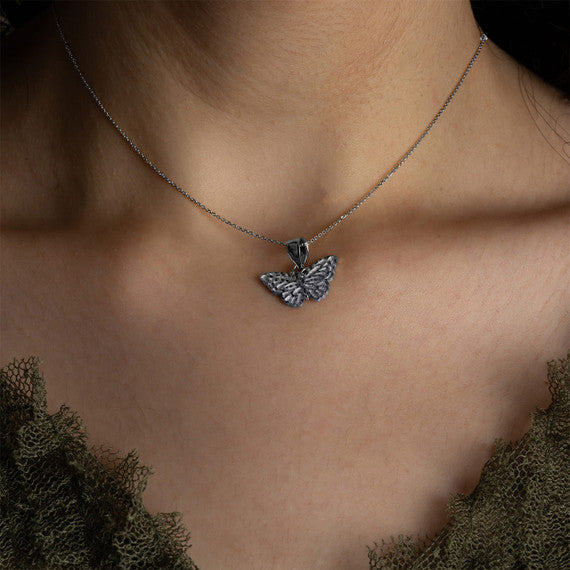.925 Sterling Silver Butterfly Diamond Cut Pendant Necklace