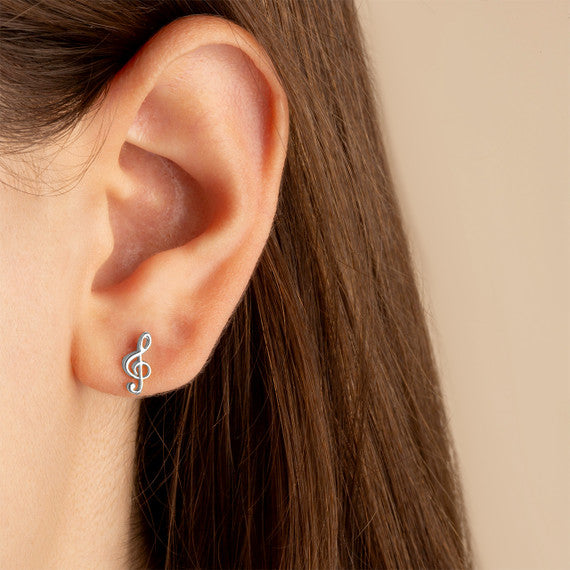 .925 Sterling Silver Treble G Clef Music Note Stud Earrings