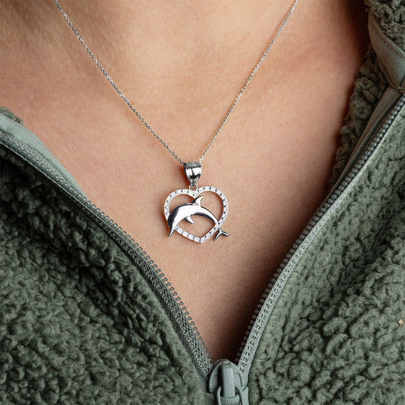 .925 Sterling Silver Beaded Heart Dolphin Pendant Necklace