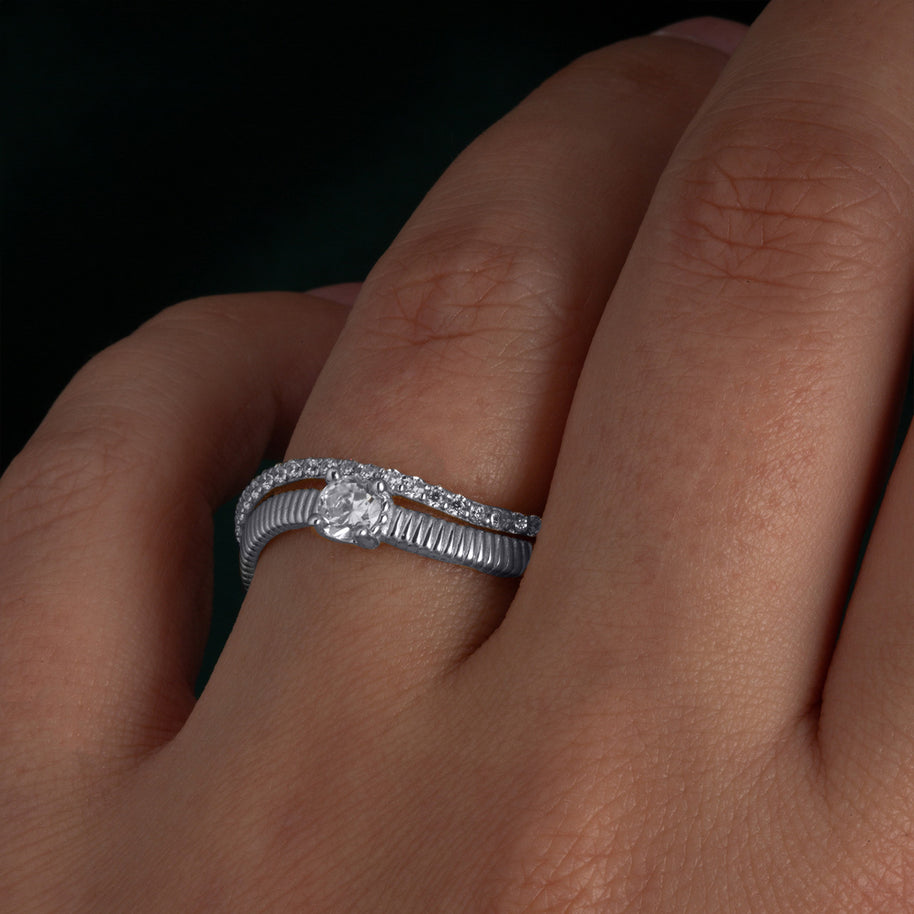 .925 Sterling Silver Cubic Zirconia Wavy Striped Double Band Ring