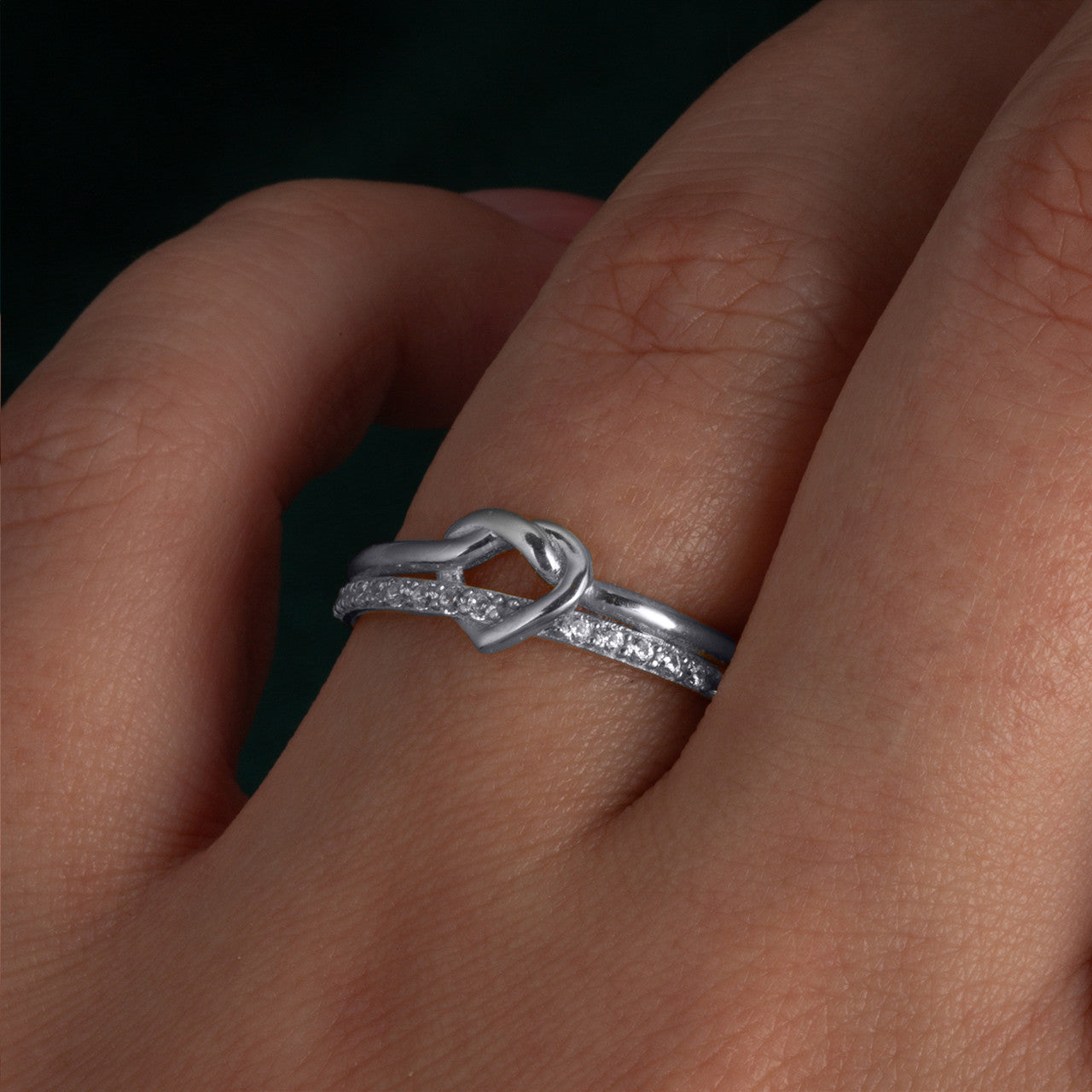 .925 Sterling Silver Heart Knot Cubic Zirconia Band Ring