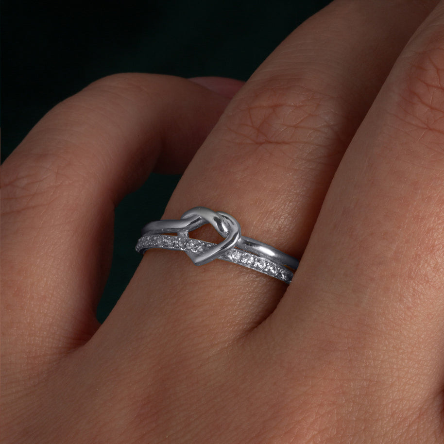 .925 Sterling Silver Heart Knot Cubic Zirconia Band Ring