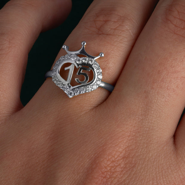 .925 Sterling Silver Cubic Zirconia 15 Años Heart Crown Quinceañera Ring