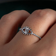 .925 Sterling Silver Cubic Zirconia Evil Eye Bead Band Ring