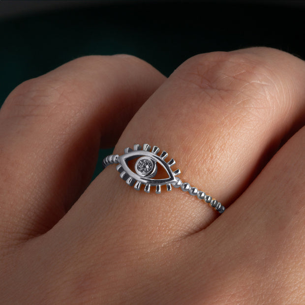 .925 Sterling Silver Cubic Zirconia Evil Eye Bead Band Ring