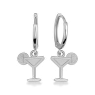 .925 Sterling Silver Martini Lime Cocktail Drop Huggie Hoop Earrings