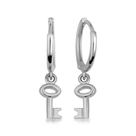 .925 Sterling Silver Key Charm Drop Huggie Hoop Earrings