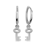 .925 Sterling Silver Key Charm Drop Huggie Hoop Earrings