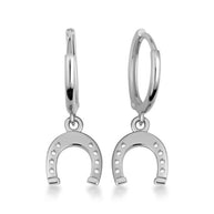 .925 Sterling Silver Lucky Horseshoe Drop Huggie Hoop Earrings