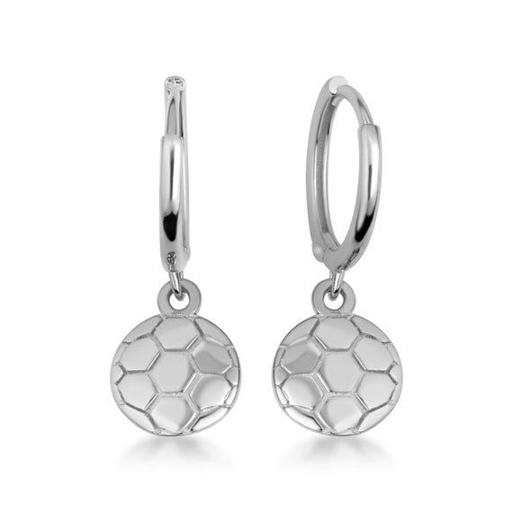 .925 Sterling Silver Soccer Ball Athletic Sports Drop Huggie Hoop Earrings