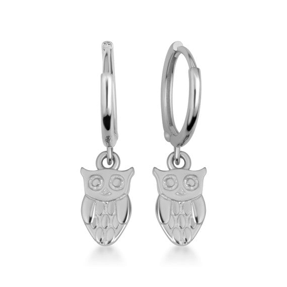 .925 Sterling Silver Owl Drop Huggie Hoop Earrings