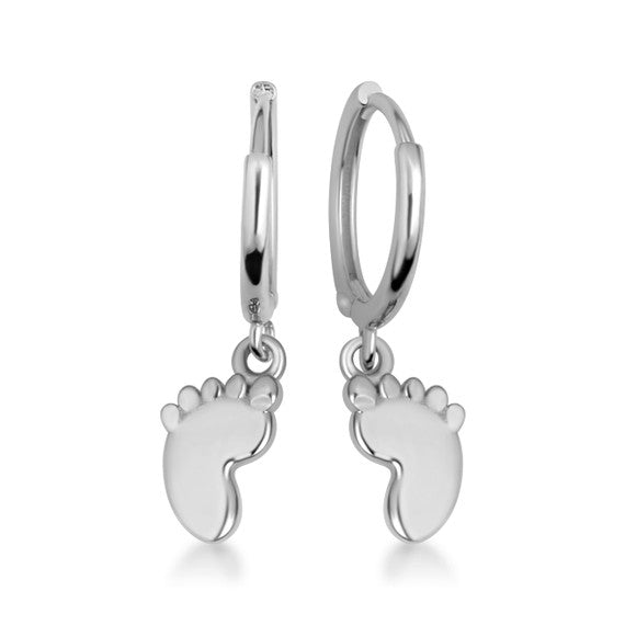 .925 Sterling Silver Baby Foot Print Drop Huggie Hoop Earrings