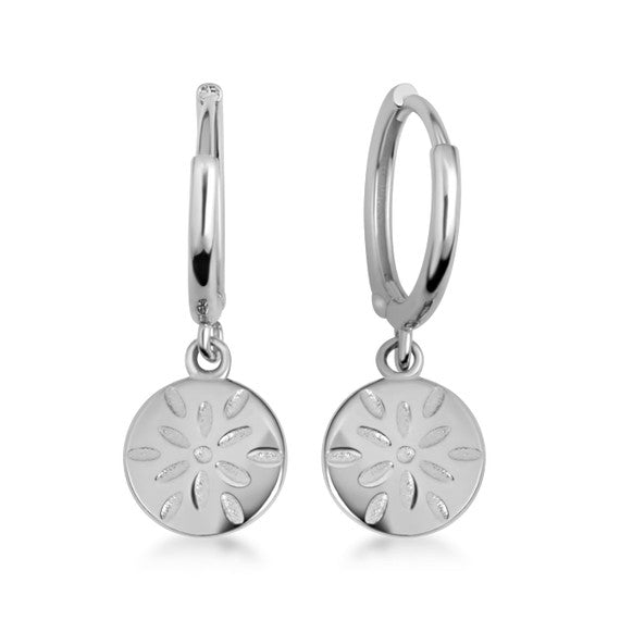 .925 Sterling Silver Flower Textured Diamond Cut Round Drop Huggie Hoop Earrings