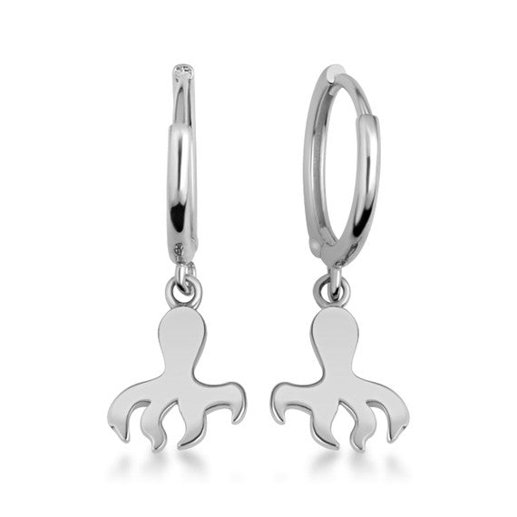 .925 Sterling Silver Marine Octopus Ocean Drop Huggie Hoop Earrings