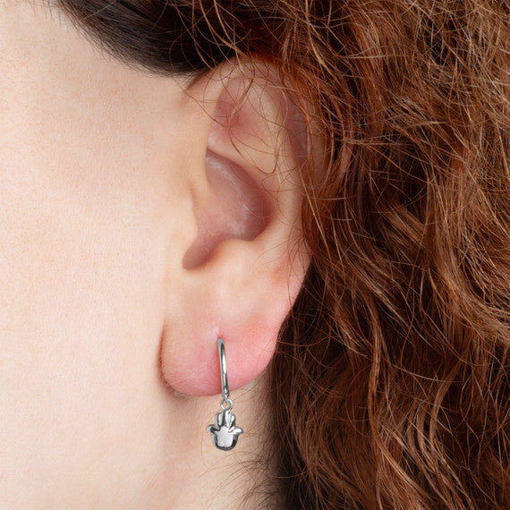.925 Sterling Silver Hamsa Hand Of Protection Drop Huggie Hoop Earrings
