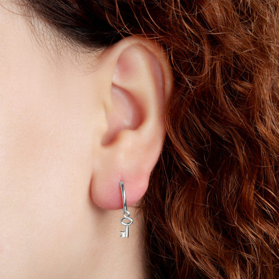 .925 Sterling Silver Key Charm Drop Huggie Hoop Earrings