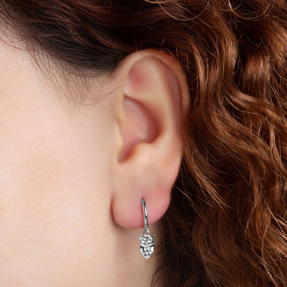 .925 Sterling Silver Owl Drop Huggie Hoop Earrings