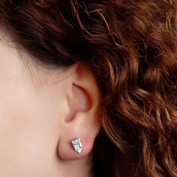 .925 Sterling Silver Owl Stud Earrings