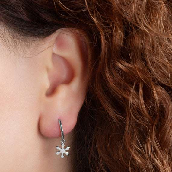 .925 Sterling Silver Winter Snowflake Drop Huggie Hoop Earrings
