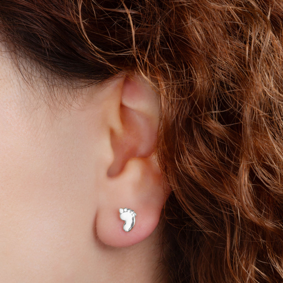 .925 Sterling Silver Baby Foot Print Stud Earrings