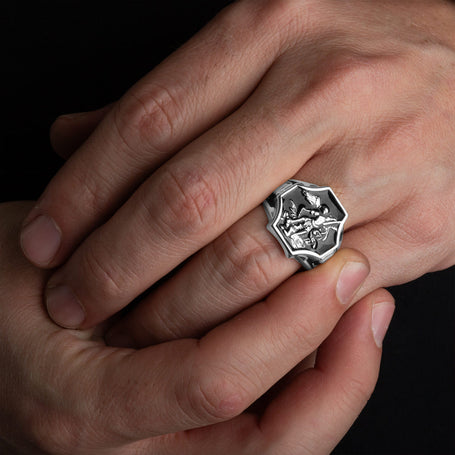 .925 Sterling Silver Black Onyx Enamel Saint Michael Archangel Crest Signet Ring