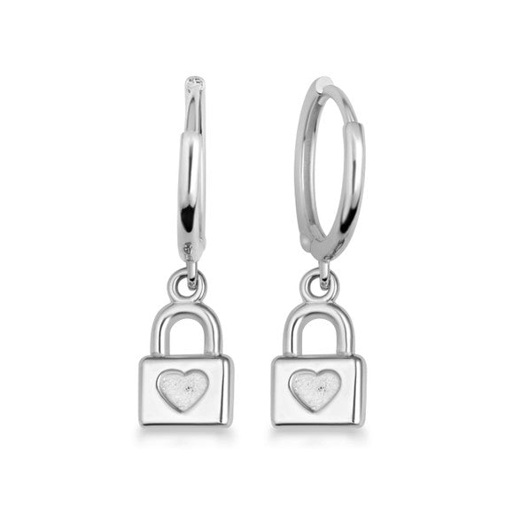.925 Sterling Silver Heart Padlock Love Drop Huggie Hoop Earrings