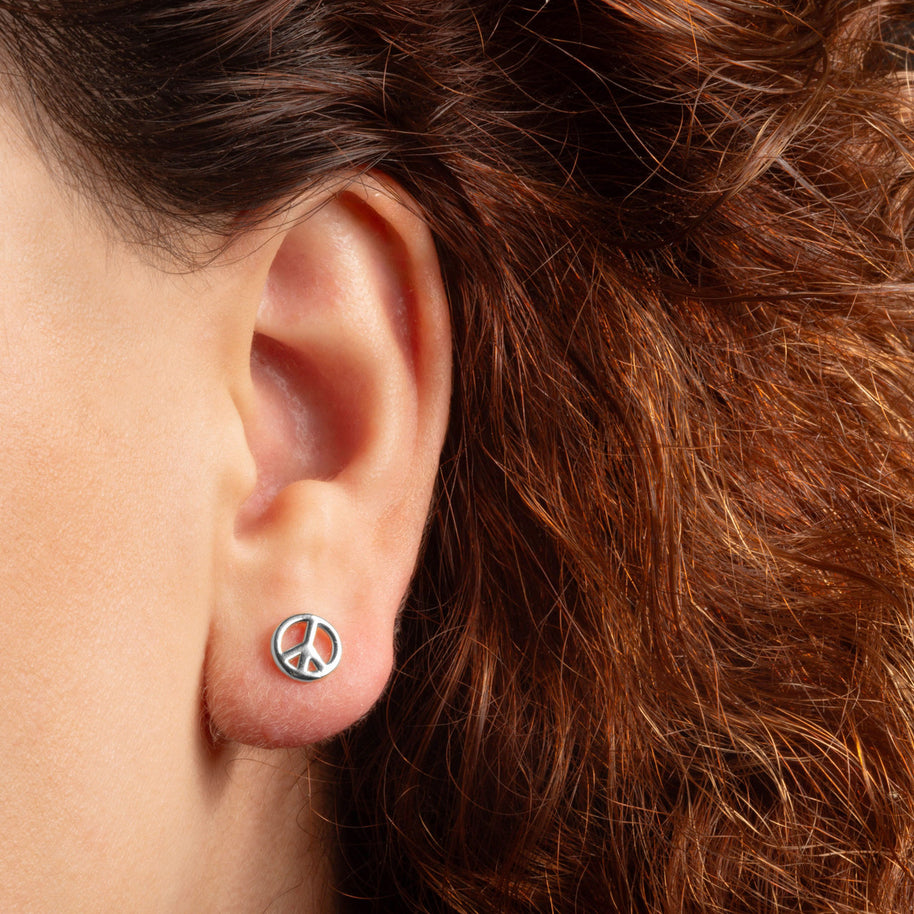 .925 Sterling Silver Peace Sign Boho Stud Earrings
