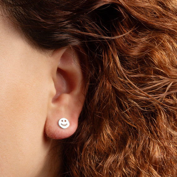 .925 Sterling Silver Smiley Face Happy Stud Earrings