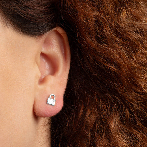 .925 Sterling Silver Heart Padlock Love Stud Earrings
