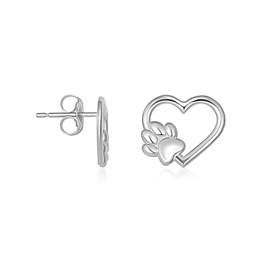.925 Sterling Silver Dog Paw Print Heart Stud Earrings