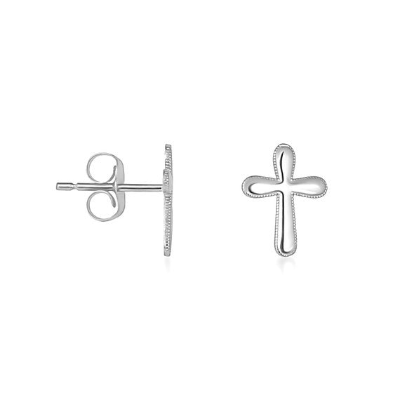 .925 Sterling Silver Religious Cross Milgrain Stud Earrings