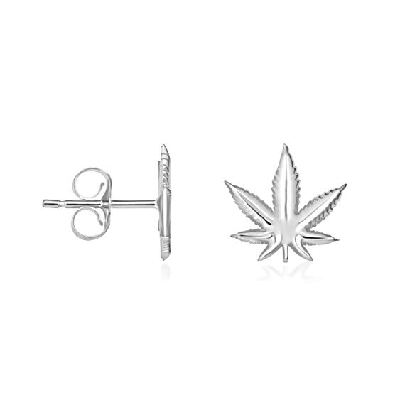 .925 Sterling Silver Marijuana Weed Leaf Stud Earrings