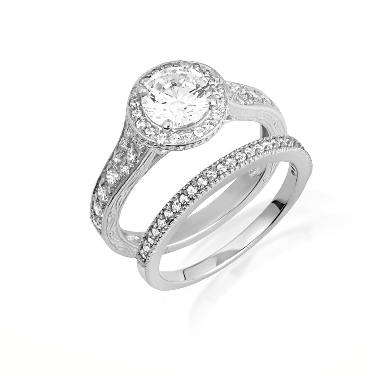 14K Gold Lab Grown Diamond Halo Wedding Band Ring Set (Available in Yellow/Rose/White Gold)