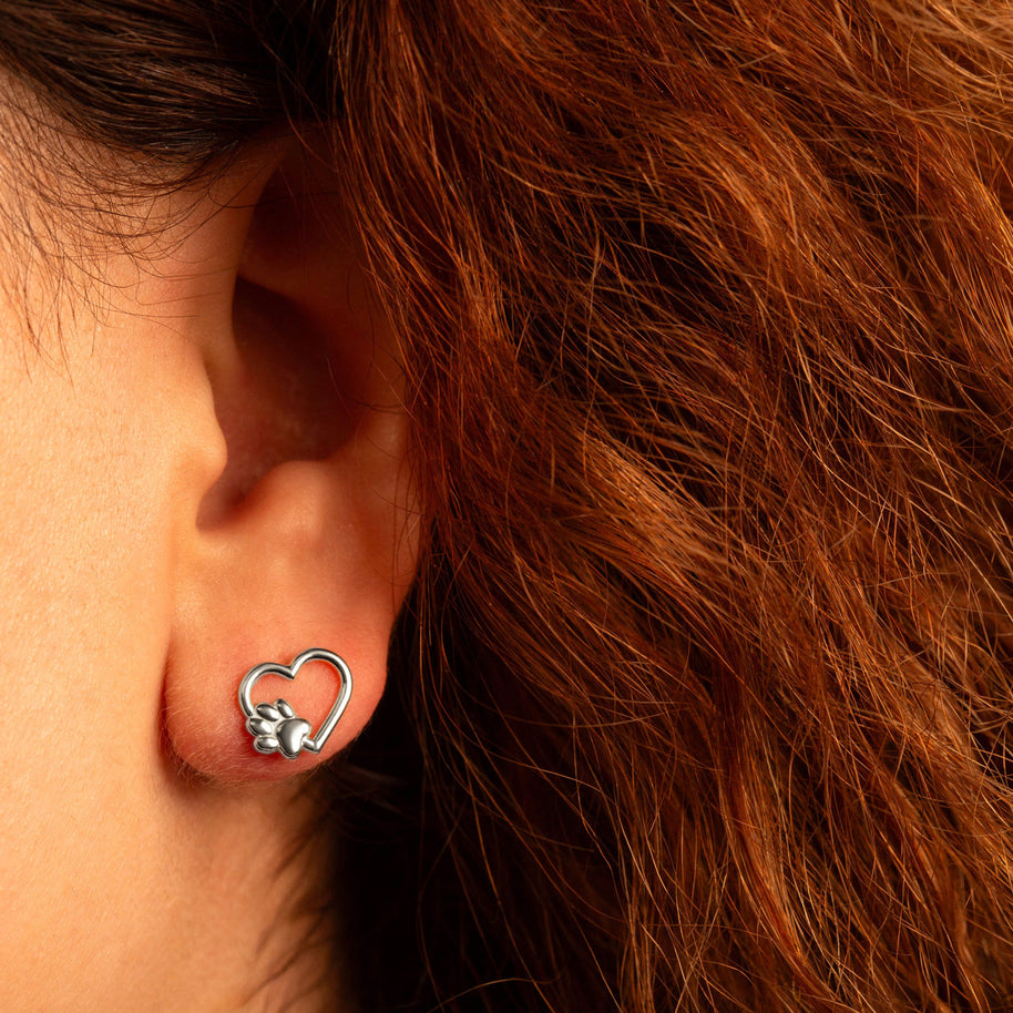 .925 Sterling Silver Dog Paw Print Heart Stud Earrings