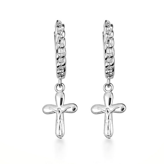 .925 Sterling Silver Cross Crucifix Jesus Christ Milgrain Cuban Link Huggie Hoop Earrings