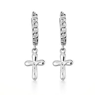 .925 Sterling Silver Cross Crucifix Jesus Christ Milgrain Cuban Link Huggie Hoop Earrings