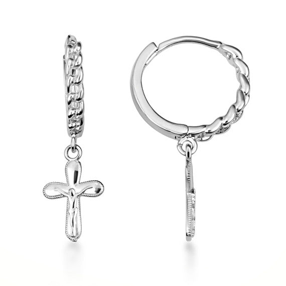 .925 Sterling Silver Cross Crucifix Jesus Christ Milgrain Cuban Link Huggie Hoop Earrings
