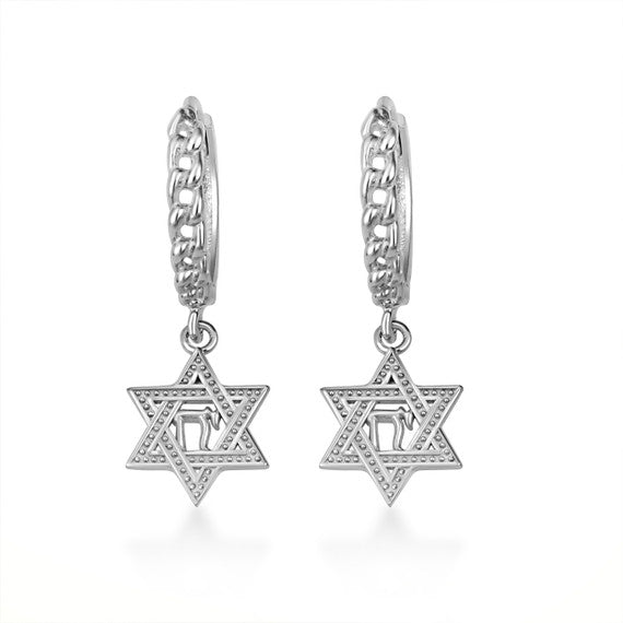 .925 Sterling Silver Jewish Chai Star Of David Cuban Link Huggie Hoop Earrings